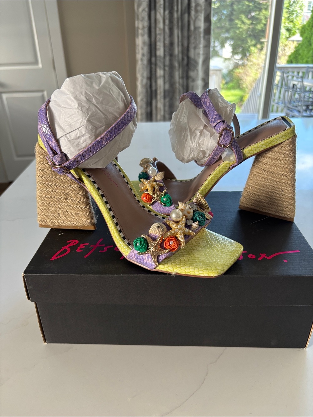 Betsey Johnson Yellow & Purple Floral Pearl Embellished Block Heel Sandals